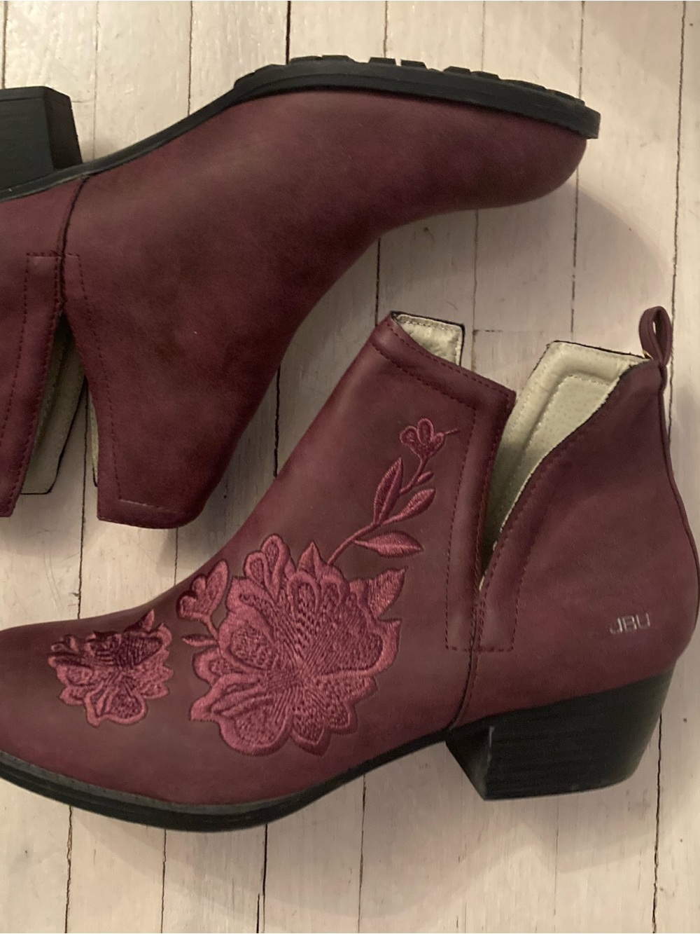 JBU Burgundy Floral Embroidered Ankle Boots
